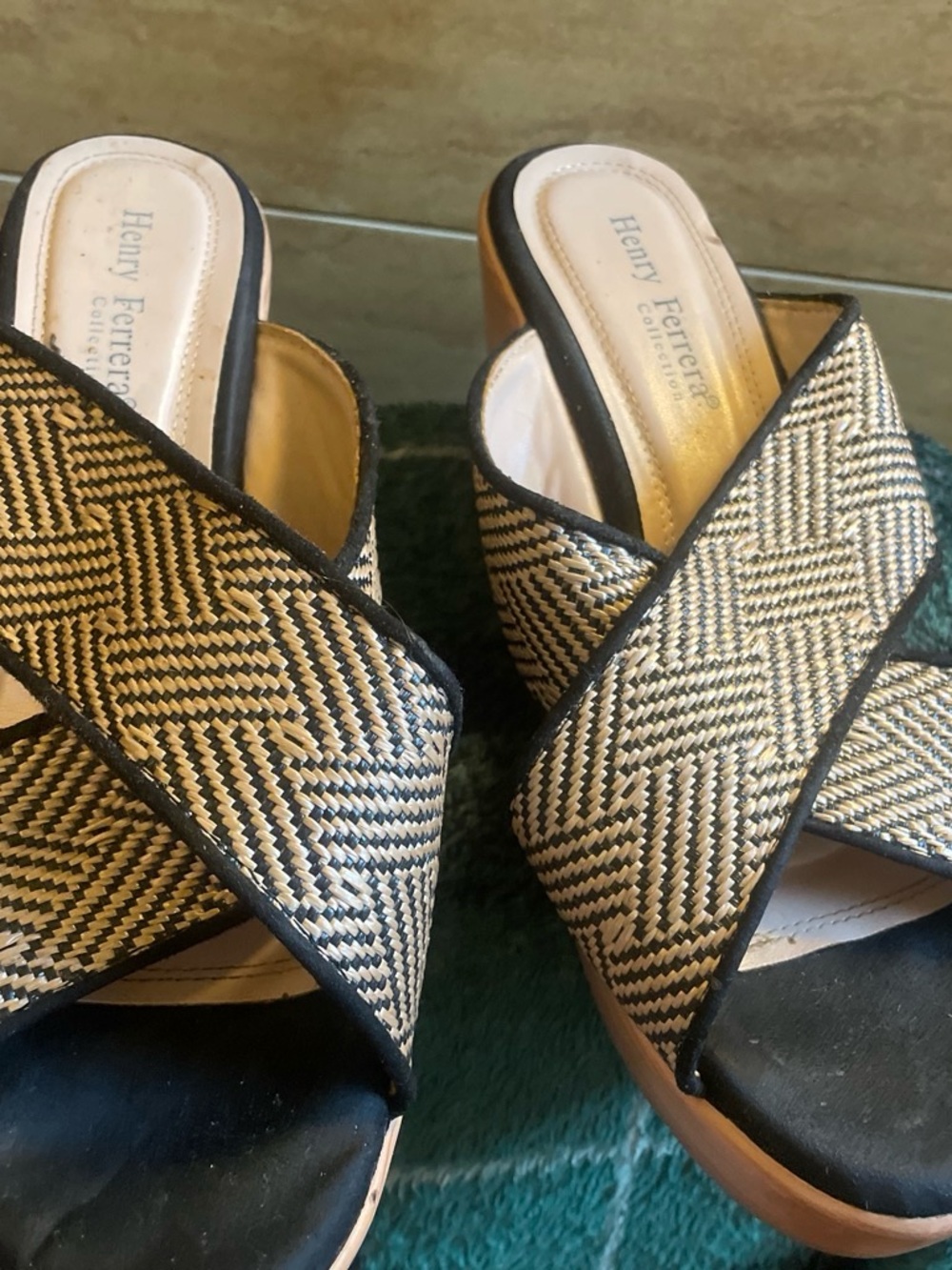 Henry Ferrera Black & Natural Woven Crossband Wedge Mules